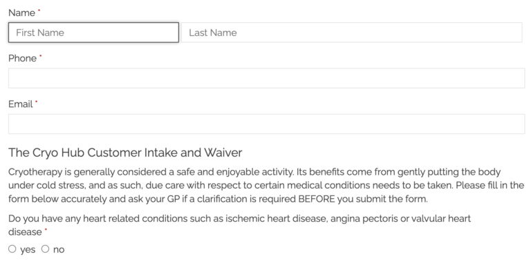 personal details and waiver screenshot