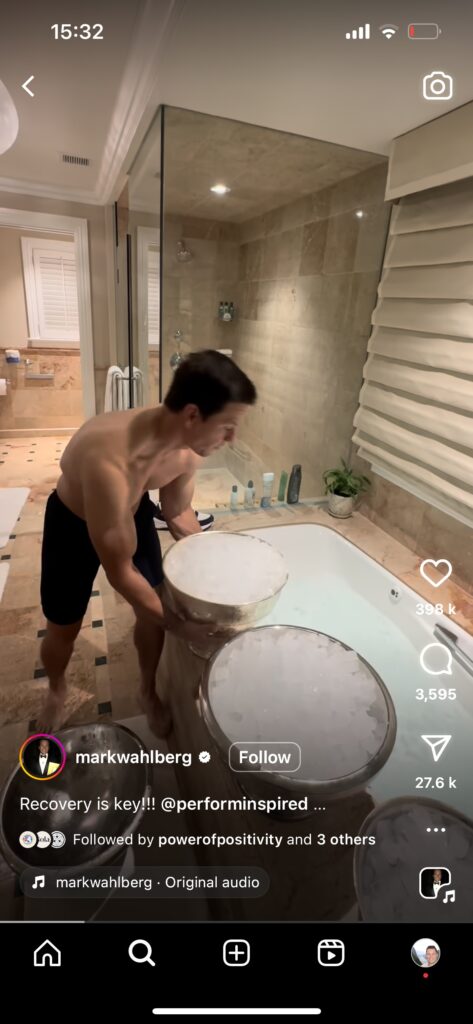 Instagram screenshot of Mark Wahlberg topping up his ice bath with buckets and buckets of ice
